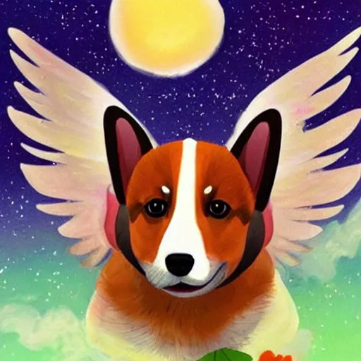 Prompt: corgi with [ angelic wings ]!!, [ flying like a superhero ]!! in the [ night sky ]!! where the stars are visibly perceptible, [ illustration via a child ]!!