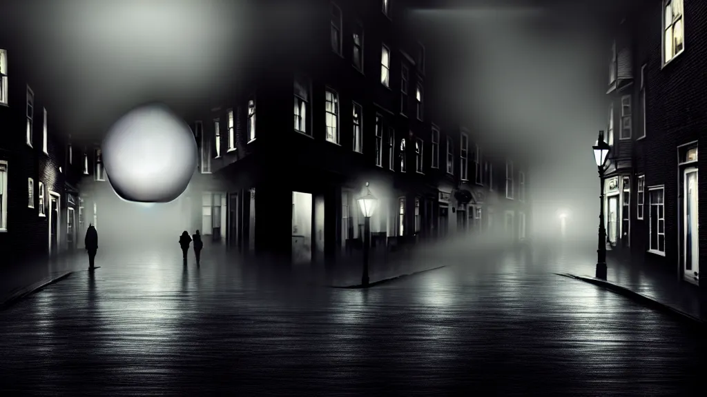 Prompt: a black sphere with glowing edges over old town with houses in the windows of which the light is on and a crowd of people on street. early morning, fog on ground, wet street. mike barr painting. volumetric light, dull colors, dark, noir arthouse, 3 5 mm, hight detalied, hd, 4 k