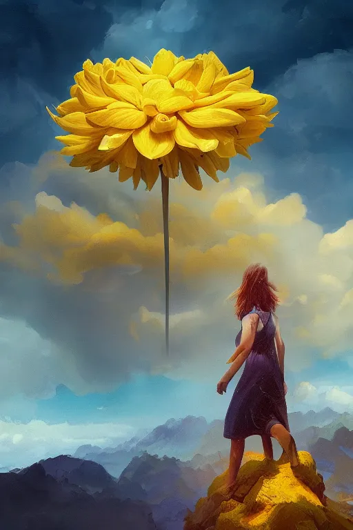 Image similar to closeup girl with huge yellow dahlia flower face, intricate, standing on mountain, surreal photography, blue storm clouds, dramatic light, impressionist painting, digital painting, artstation, simon stalenhag