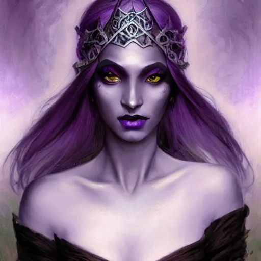 Image similar to half length portrait of a beautiful female drow elf warlock, indigo skin, violet magic, silver hair, black imp familiar, royo, klimt, miro, vallejo, frazetta, alphonse mucha, greg rutkowski, whealan