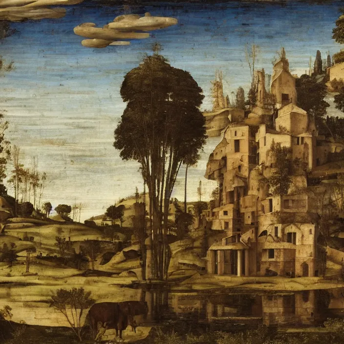 Image similar to a building in a serene landscape, renaissance art