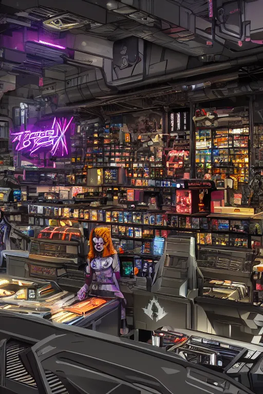 Image similar to Cybertron, The checkout counter of a futuristic Hot Topic store for goth Decepticons, Transformers, concept art, accurate perspective, cinematography by Wes Anderson, 4k octane render , cinematic lighting, Artstation