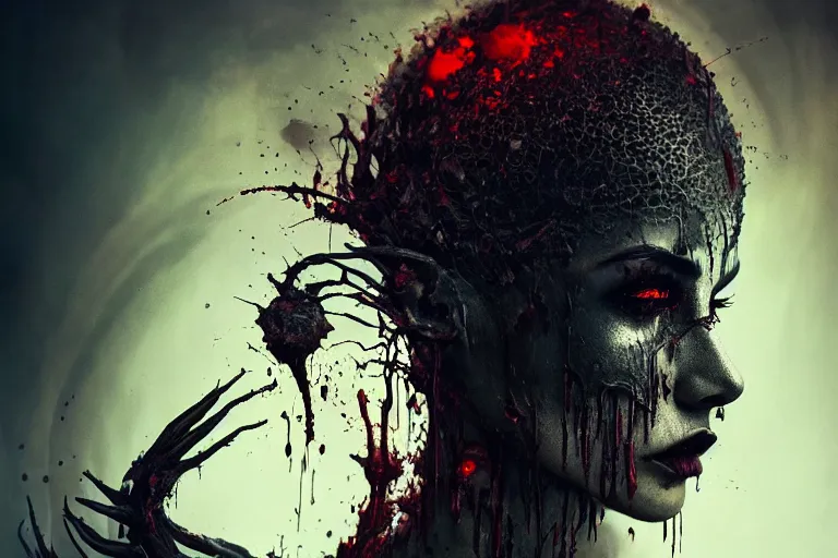 Image similar to surreal Portrait of beautiful seductive Dark demonic godeness of destruction and war covered in blood in dmt chromatic surreal liquid enviroment , elegant, highly detailed, smooth, photoreal, sharp focus, illustration, beautiful, geometric, dmt trending on artstation, cinematic, artwork by WLOP