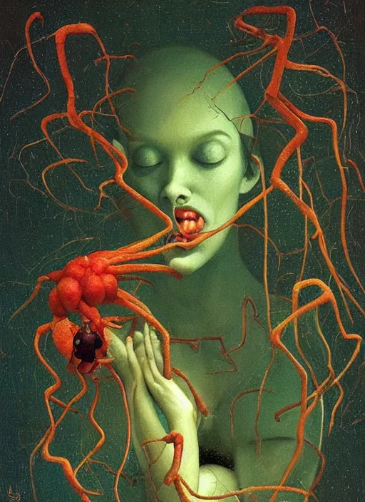 Prompt: She Eats Joyfully of the Strangling Fruit and Her spiderlike gossamer glistening polyp blossoms bring iridescent fungal flowers whose spores black the foolish glaring stars Edward Hopper and James Gilleard, Zdzislaw Beksinski, Mark Ryden, Wolfgang Lettl highly detailed