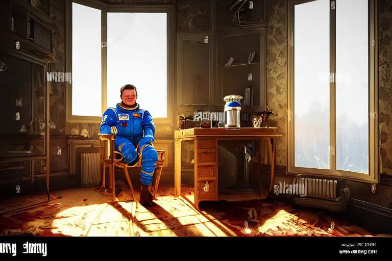 Image similar to a single cosmonaut in a spacesuit drinks a steaming cup of tea at an old wooden desk in a richly decorated Victorian house. the autumn light comes in through a window and dimly illuminates the room, diffuse light, octane render