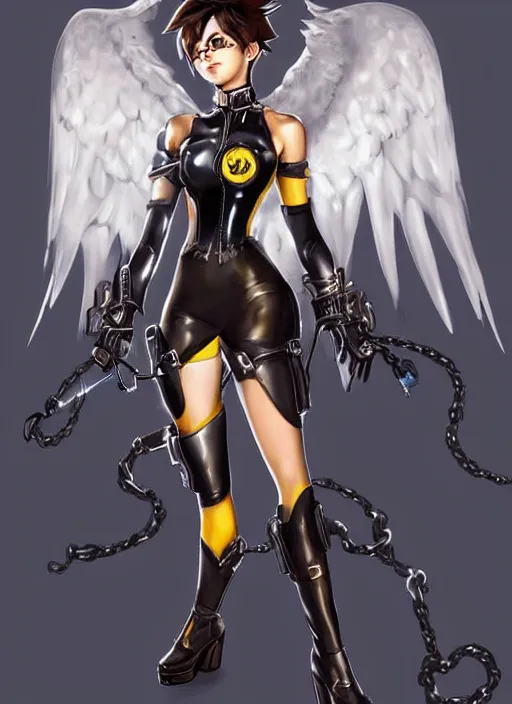 Image similar to full body artwork of tracer overwatch, wearing black latex outfit, in style of mark arian, angel wings, dramatic painting, wearing detailed leather collar, ornate highly detailed white shiny armor, chains, black harness, detailed face and eyes,