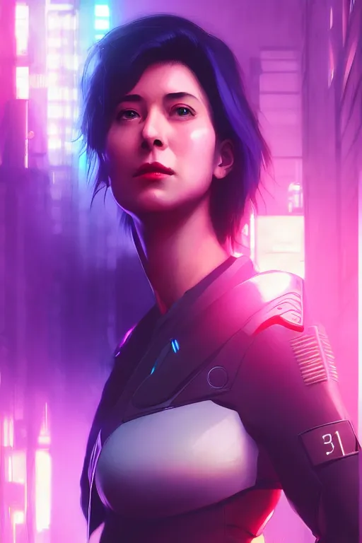 Image similar to 3 / 4 portrait, major mira killian from ghost in a shell, night, crop top, beautiful, in a modern city, neon signs, jewelry, artstation, william bouguereau, rossdraws, greg rutkowski, super detailed, realistic, octane render, volumetric, cinematic, 8 k