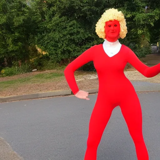 Prompt: woman in a tight KFC themed morph suit