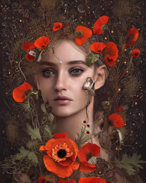 Prompt: unique non-conventional beautiful goddess of poppy, poppy flowers, dry poppy heads, surreal, fantasy, intricate, elegant, dramatic lighting, emotionally evoking symbolic metaphor, highly detailed, ornate designs, organic designs, lifelike, photorealistic, painterly, digital painting, painterly, artstation, concept art, smooth, sharp focus, illustration, art by John Collier and Krenz Cushart and Artem Demura and Alphonse Mucha and Albert Aublet,