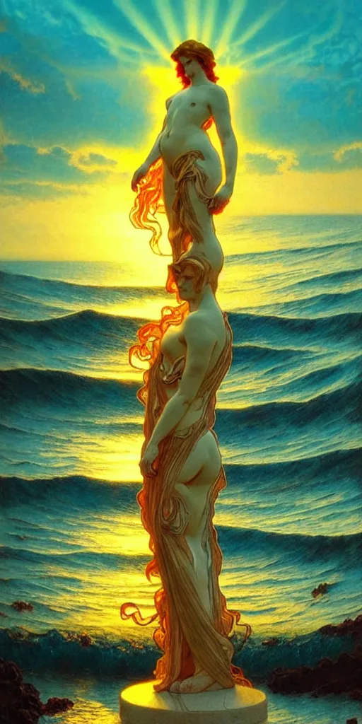 Image similar to ocean wave around ancient angel statue, lsd water, dmt ripples, backlit, sunset, refracted lighting, art by collier, albert aublet, krenz cushart, artem demura, alphonse mucha