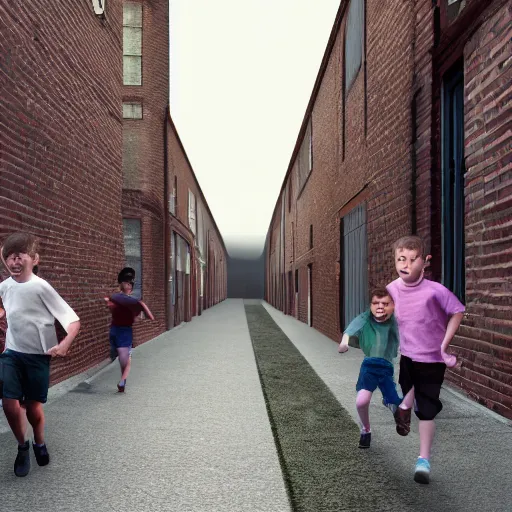 Prompt: kids running down a school alleyway in a hype, photorealistic, 4k, award-winning