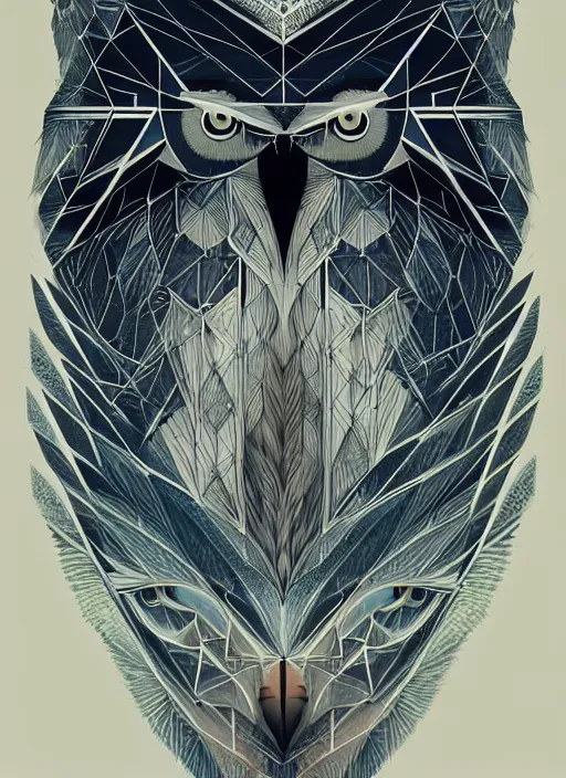 Image similar to portrait of a geometric owl, identical eyes, medium shot, illustration, full body made of white feathers, symmetrical, art stand, super detailed, cinematic lighting, and its detailed and intricate, gorgeous, by peter mohrbacher