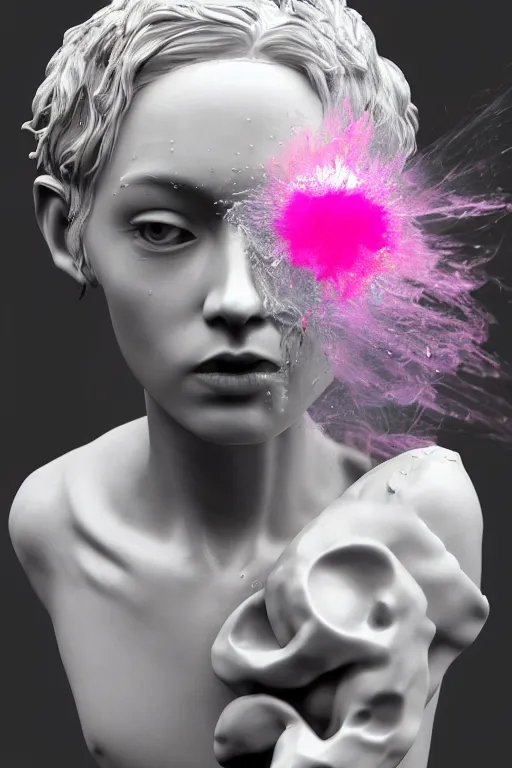 Image similar to an epic non - binary model, subject made out of cracked porcelain with oozing bubbles bursting out, delicate, beautiful, intricate, black and white colors, with pastel pink highlights, melting, houdini sidefx, by jeremy mann and ilya kuvshinov, jamie hewlett and ayami kojima, trending on artstation, bold 3 d