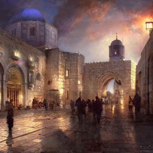 Image similar to the old city of jerusalem by raymond swanland, highly detailed, bright tones