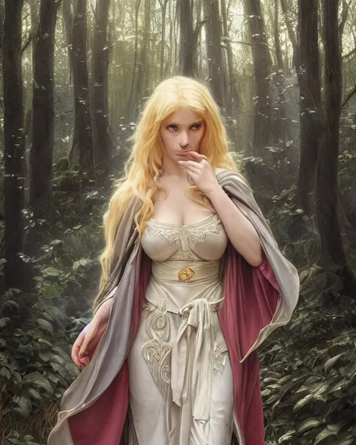 Image similar to blonde young mage casting a spell wearing a heavy cloak and chemise in the forest, fantasy character portrait, ultra realistic, intricate, elegant, highly detailed, digital painting, artstaion, smooth, sharp, focus, illustration, art by artgerm and greg rutkowski and alphonse mucha