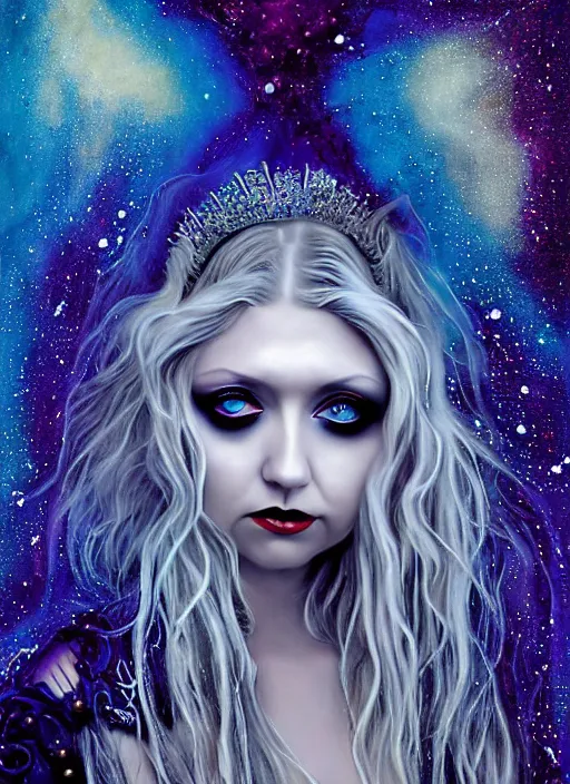 Prompt: elegantly disdainful. Taylor Momsen as empress of pulsar stars. ultra detailed painting at 16K resolution and amazingly epic visuals. epically beautiful image. amazing effect, image looks gorgeously crisp as far as it's visual fidelity goes, absolutely outstanding. vivid clarity. ultra. iridescent. mind-breaking. mega-beautiful pencil shadowing. beautiful face. Ultra High Definition. godly shading diffusion. amazingly crisp sharpness. photorealistic 3D rendering on film cel processed twice..