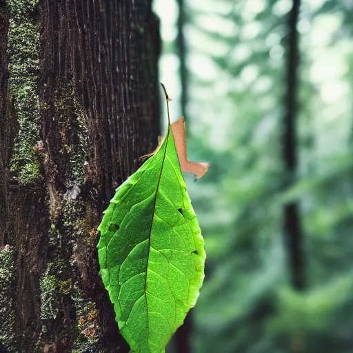 Image similar to realistic photo of a leave nailed on a tree log in a forest