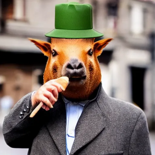 Image similar to smoking cigar, a man wearing a suit capybara head wearing a hat (smoking cigar)