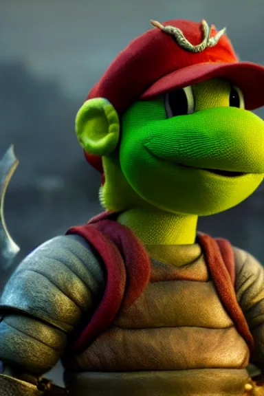 Image similar to very very intricate photorealistic photo of yoshi in an episode of game of thrones, photo is in focus with detailed atmospheric lighting, award - winning details