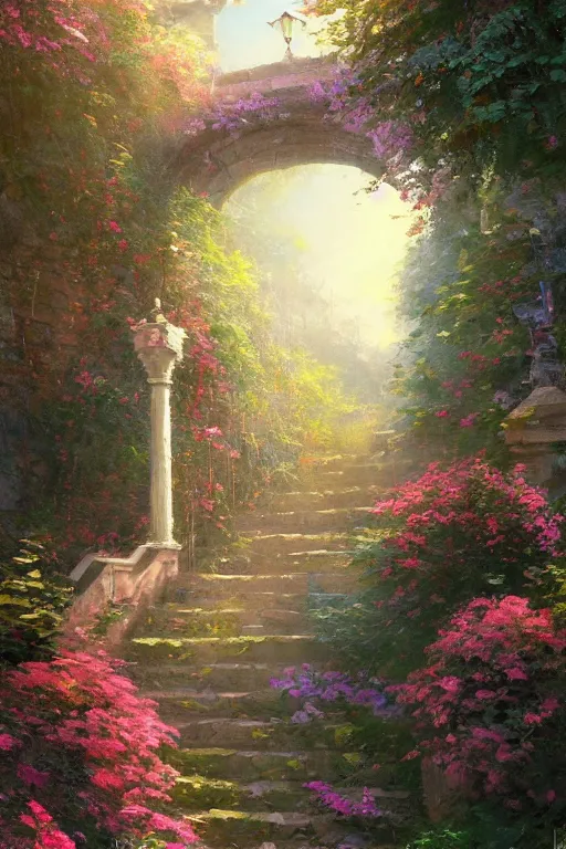 Prompt: Beautiful oil painting archway and stairs leading to a dream fantasy and garden with birds, painted by greg rutkowski, makoto shinkai,thomas kinkade, colorful, neo classical style,4k,Trending on artstation.