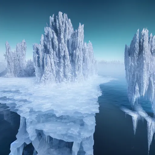 Image similar to magnificent ice formations and a lake, cinematic, unreal engine 5