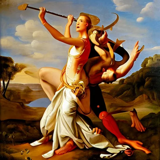 Image similar to joanna newsom fighting the predator, baroque style painting, very detailed