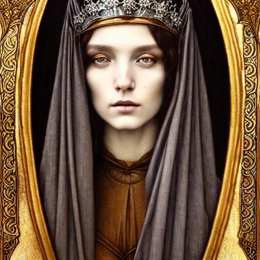 Image similar to detailed realistic beautiful young medieval queen face portrait by jean delville, tom bagshaw, brooke shaden, gustave dore and marco mazzoni, art nouveau, symbolist, visionary, gothic, pre - raphaelite, ornate gilded medieval icon, surreality, ethereal, unearthly, haunting, celestial, neo - gothic, ghostly, memento mori, otherworldly