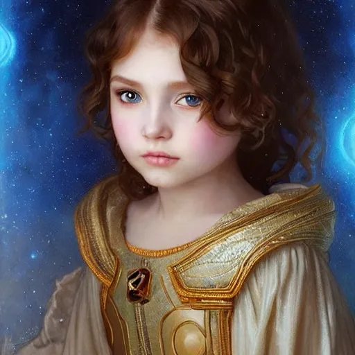 Image similar to a little girl with short wavy curly light brown hair and blue eyes, a space empress in byzantine style. beautiful highly detailed face, painting by artgerm and greg rutkowski and bouguereau.
