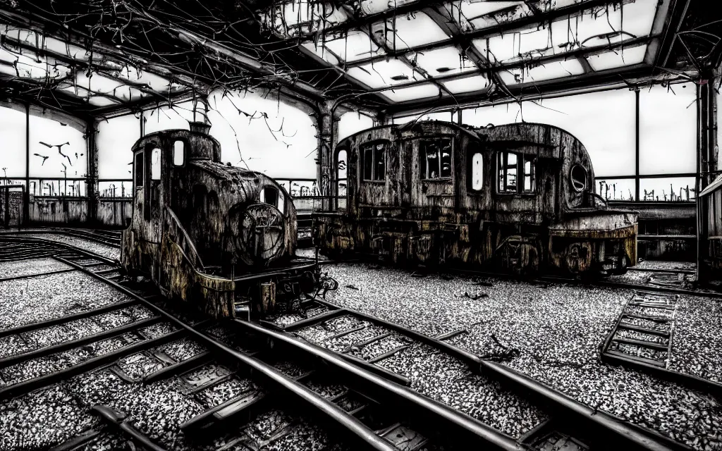 Prompt: ! dream abandoned train station full of neglected locomotives, future - punk style, by tony diterlizzi, fine art, glass paint, smoke art, lonely, global illumination, future london, dieselpunk engineering,, 1 lone explorer looking for parts