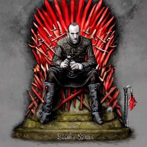 Prompt: Stannis Baratheon sitting on the Iron Throne, jakub rozalski, deviantart, sharp focus, dim lighting