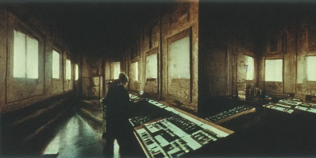 Image similar to detailed medium format photo, polaroid still from tarkovsky movie, aphex twin with his synthesizers, haze, high production value, intricate details, 8 k resolution, hyperrealistic, hdr, photorealistic, high definition, tehnicolor, award - winning photography, masterpiece, amazing colors