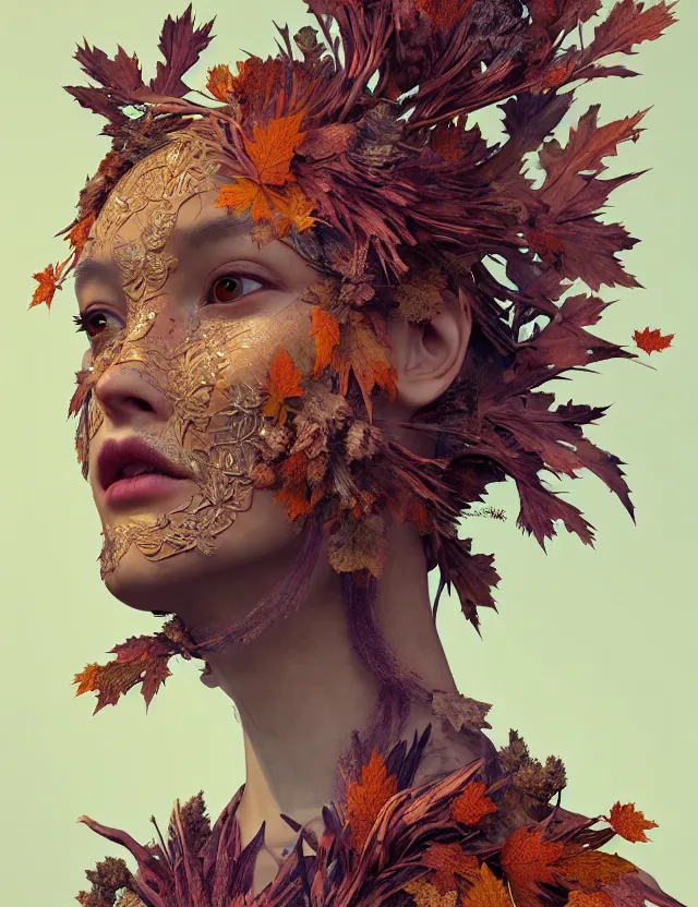 Prompt: 3 d goddess close - up profile portrait wearing a beautiful intricately detailed autumn mask, fall leaves, thistles, phoenix, dried plants, foxes, wind, creature, artwork by tooth wu and wlop and beeple and greg rutkowski
