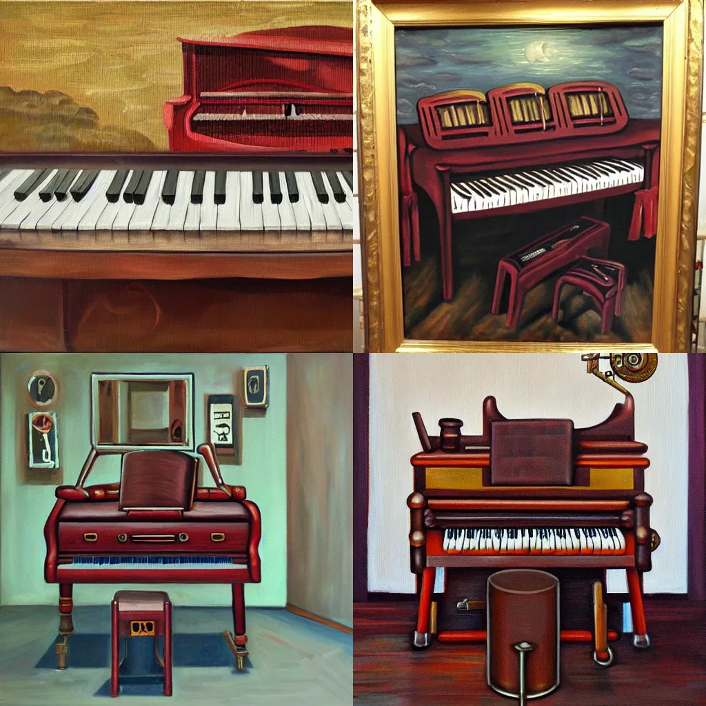 Prompt: oil painting of steampunk piano in style of philip guston