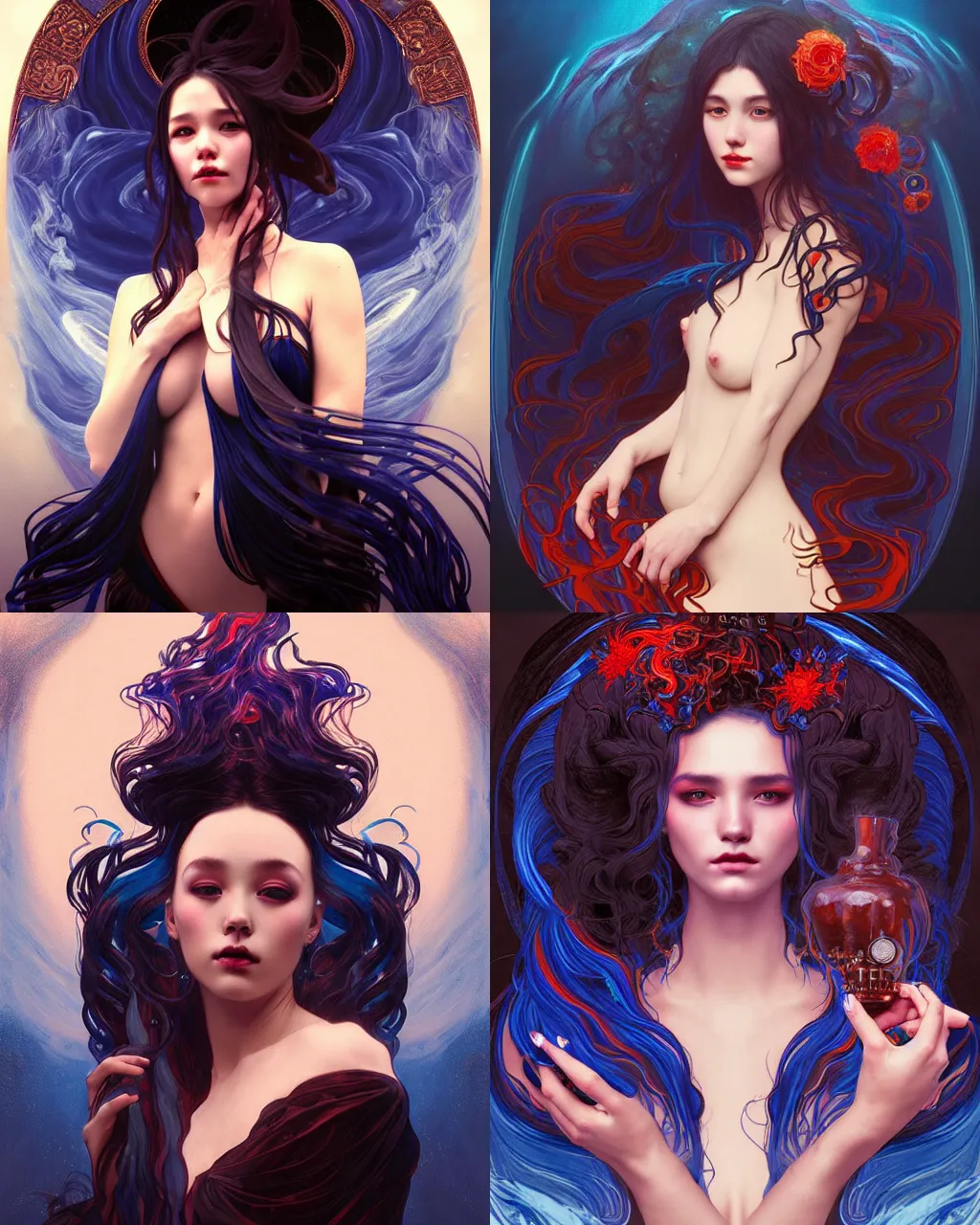 Prompt: Dark fantasy portrait of a celestial water princess surrounded by liquid smoke, black blue red smoke swirling, enchanted portrait by WLOP and artgerm, artstation, alphonse mucha