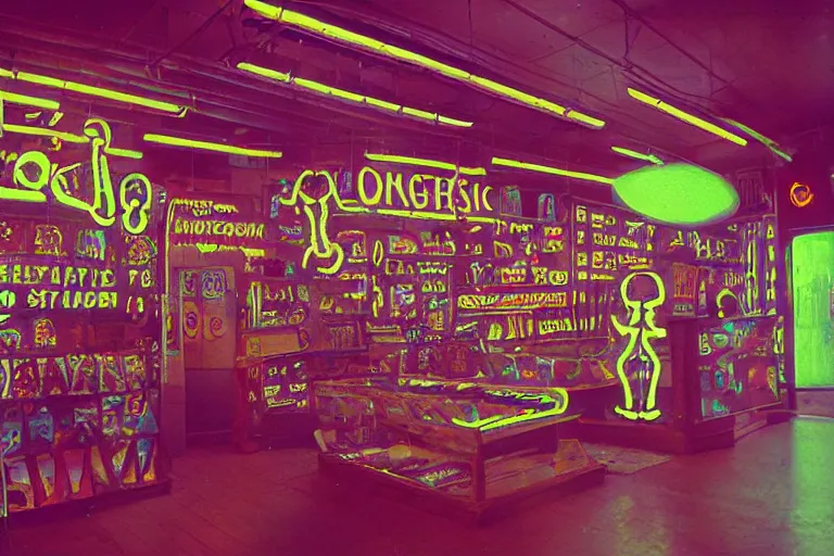 Image similar to neon skeleton shopping, inside of a 1970s music store store, neon lights, dirty, ektachrome photograph, volumetric lighting, f8 aperture, cinematic Eastman 5384 film