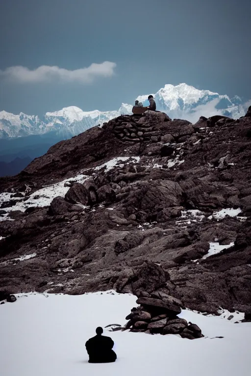 Prompt: A monk with his back to the camera sits beside a rock on a distant top of the mountain, looking at the snowy Himalayas in the distance, faith,4k, realistic,photography,landscape,high contrast,ISO100,EF200,trending on artstation.