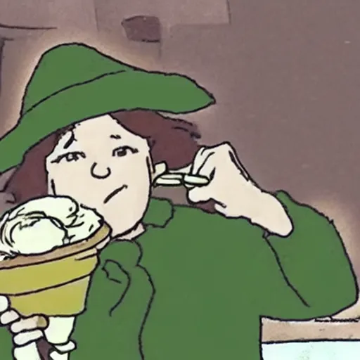 Prompt: cctv footage of snufkin eating ice cream