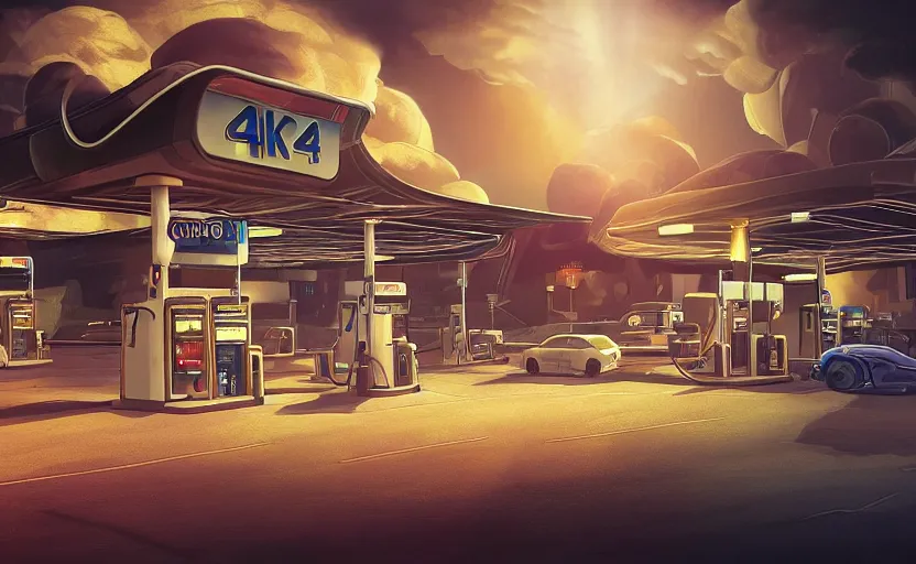 Image similar to gas station in space, 4 k, polished, photorealistic, steampunk, hard edges, zoomed in, very coherent, sharp focus, rim light, exquisite lighting, hard edges, sci - fi, print, cinematic, game art, concept art, octane