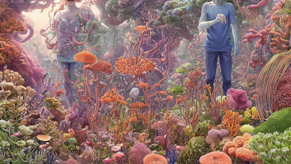 Image similar to highly detailed illustration of an anatomic human with all the known species of plants, flowers, corals, mushrooms and jellyfish by juan gatti, by makoto shinkai, by moebius!, by oliver vernon