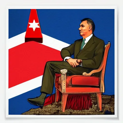 Image similar to hungarian prime minister viktor orban sitting on the knee of joseph stalin, propaganda poster art, highly detailed, colored