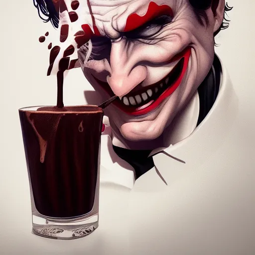 Image similar to Joker drinking a chocolate milkshake, hyperdetailed, artstation, cgsociety, 8k