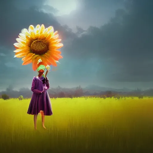 Prompt: giant daisy flower under head, frontal, a girl in a suit, surreal photography, sunrise, dramatic light, impressionist painting, digital painting, artstation, simon stalenhag