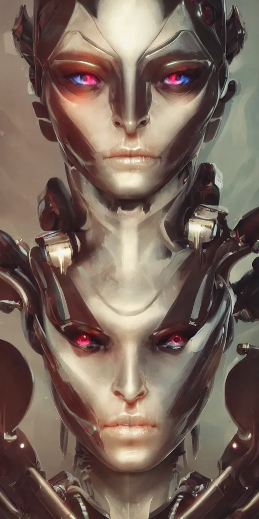 Image similar to a cyborg succubus, flawless symmetrical pretty cute face, greg rutkowski, 8 k, shallow depth of field, intricate detail, concept art,