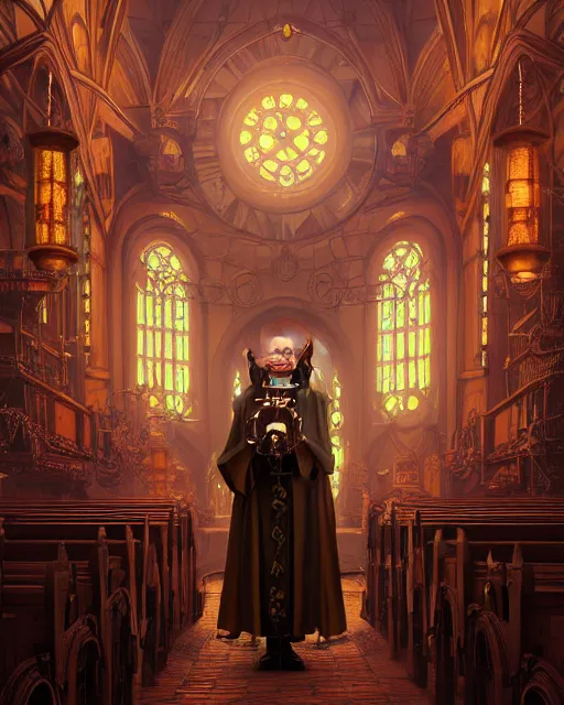 Image similar to highly detailed surreal vfx portrait of a steampunk priest in a steampunk cathedral, stephen bliss, unreal engine, greg rutkowski, loish, rhads, beeple, makoto shinkai and lois van baarle, ilya kuvshinov, rossdraws, tom bagshaw, alphonse mucha, global illumination, detailed and intricate environment