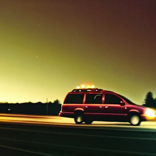 Prompt: A photograph of a 2001 Maroon Chevrolet Caravan driving on highway 411 in Perth, Ontario at night, 9:20 PM, photograph taken in 2009 on a nokia flip phone