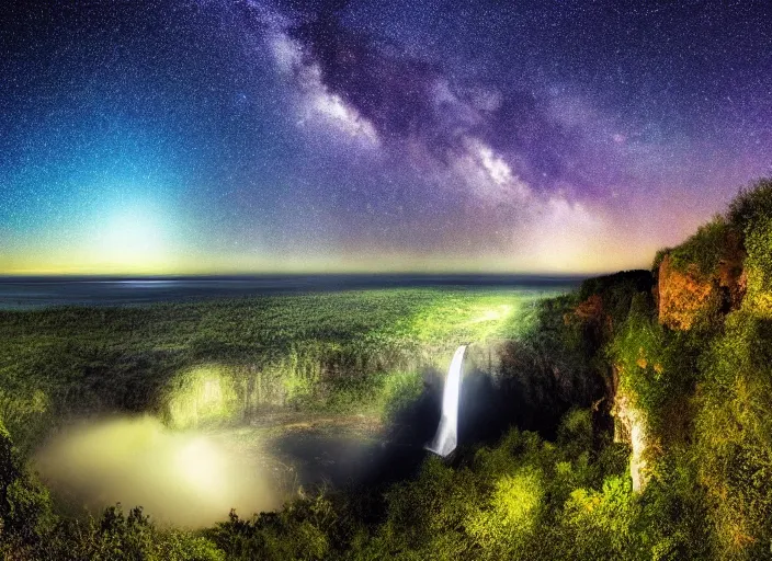 Image similar to a long capture photo of a magical waterfall, high cliff, night, stars in the sky