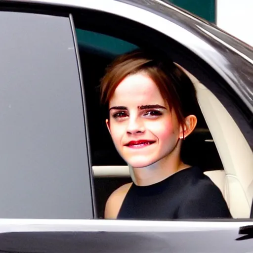 Prompt: emma watson unapologetically grinning from her car window, paparazzi photo, tabloid, flash photography