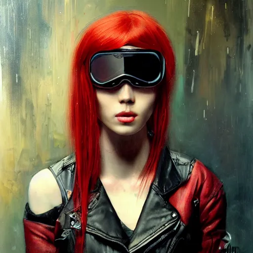 Prompt: red haired female, cyberpunk, wearing futuristic goggles, leather jacket, cyborg! photorealistic, hyper real, 8 k, high details, detailed painting! dramatic lighting, by ilya repin, phil hale and kent williams, wires cybernetic implants, machine noir grimcore in cyberspace photoreal, atmospheric by jeremy mann and agnes cecile, damaged polaroid
