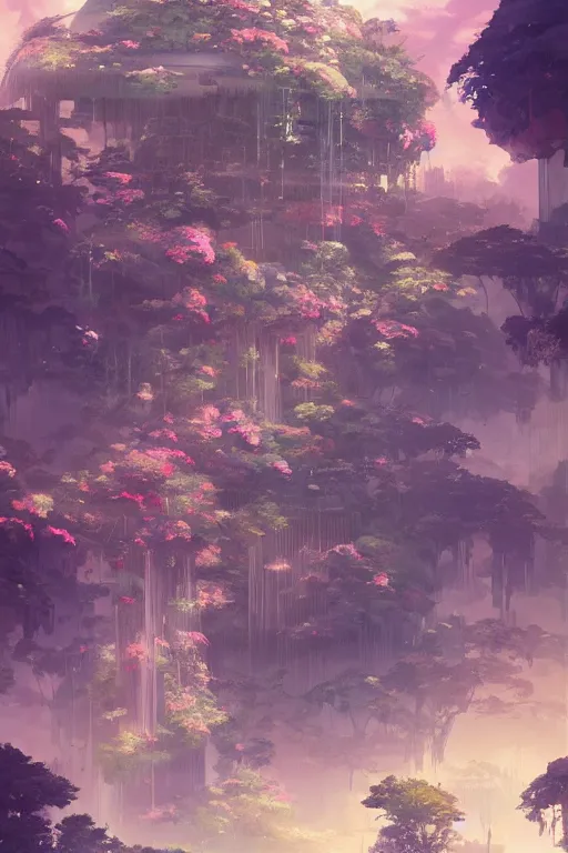 Image similar to portrait of cascading multi level botanical garden spaceship, illustration, concept art, anime, key visual, trending, pixiv, fanbox, by wlop, greg rutkowski, makoto shinkai, studio ghibli, kyoto animation, toon shading, cel shading, vaporwave,