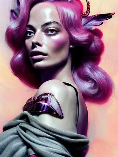 Image similar to pink portrait of beautiful female angel queen Margot Robbie head wearing shiny pink crown, subtle purple accents, hyper details, black metal rococo, sculpted by Alex Alice, Craig Mullins, yoji shinkawa, trending on artstation, beautifully lit, Peter mohrbacher, hyper detailed, insane details, intricate, elite, elegant, luxury, ray of light through smoke, CGsociety, hypermaximalist, golden ratio, volumetric, octane render, weta digital, micro details, 3d sculpture